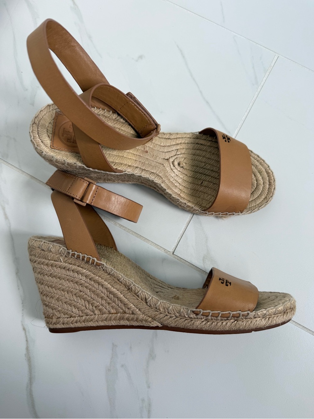 Tory Burch Tan Leather Espadrille Wedge Sandals- 9.5